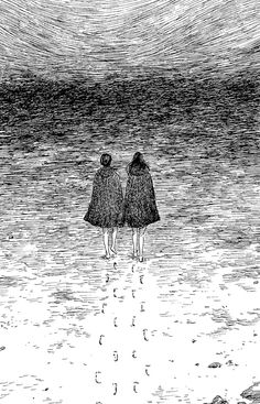 two people are standing in the water looking at the sky