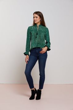 New favorite silhouette of the season, the double flutter long sleeves and tassel tie neckline of the just-add-jeans Francesca blouse make it versatile and easy! Pair with your favorite denim and sneakers by day & dress up with heels at night! Casual Tassel Blouse For Spring, Fall Long Sleeve Blouse With Tassel Ties, Chic Tops With Frayed Hem For Fall, Casual Tie Neck Blouse, Long Sleeve Blouse With Frayed Hem For Spring, Chic Spring Blouse With Tassel Ties, Fall Long Sleeve Blouse With Frayed Hem, Chic Long Sleeve Blouse With Tassels, Long Sleeve Blouse With Frayed Hem For Fall