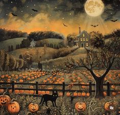 a painting of pumpkins in a field with a house on the hill behind it