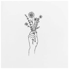 a drawing of a hand holding a bunch of flowers