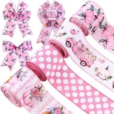 pink and white polka dot ribbon with car design on the front, two bows in the back