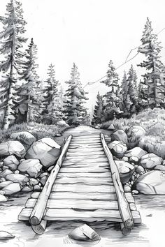 a pencil drawing of a wooden bridge over a river with rocks and pine trees in the background