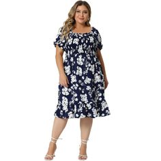 This flared flowy dress features ruffle short sleeves and a smocked floral print design, making it a perfect addition to your wardrobe. The square neck, smock front, and ruffle sleeve design are elegantly matched with a floral print, adding a unique and sweet charm to your style. The flowy and flared silhouette provides a flattering fit, accentuating your curves in all the right places. The square neck and ruffle sleeves enhance your femininity and add a touch of elegance to your overall look. T Casual Billowy Floral Print Dress, Billowy Floral Print Dress With Short Sleeves, Billowy Short Sleeve Floral Print Dress, Casual Short Sleeve Dress With Smocked Bodice, Flowy Smocked Short Sleeve Dress, Flowy Smock Dress With Short Sleeves, Smock Short Sleeve Dress For Vacation, Smock Vacation Dress With Short Sleeves, Short Sleeve Smock Dress For Vacation