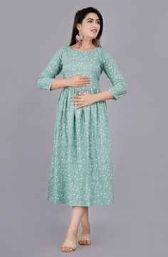 Indian Women Anarkali Pregnancy Nursing Zipper Gown Green Floral Maternity Gown Green Maxi Length Maternity Dress, Floor-length Maternity Gown, Maternity Floor-length Gown, Nursing-friendly Maxi Maternity Dress, Empire Waist Maxi Dress For Maternity Wear, Maternity Gowns Indian, Pregnancy Gown, Gown Green, Kurti For Women