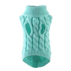 a green knitted dog sweater with buttons on the front and bottom, in light blue