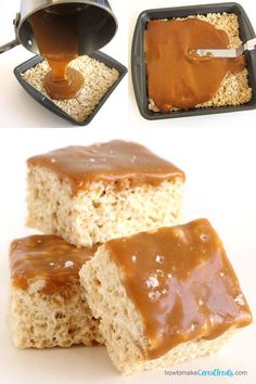 salted caramel rice krispie treats with a layer of gooey caramel being spread over the top Rice Crispy Treats Recipe Original, Salted Caramel Rice Krispie Treats, Caramel Rice Krispie Treats, Fun Rice Krispie Treats, Rice Crispy Treats Recipe, Rice Cereal Treats, Chewy Caramel, Treats To Make, African Cooking