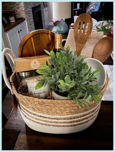 a basket filled with lots of items on top of a table