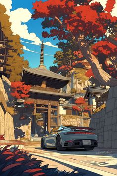 a car parked in front of a tall building next to trees and bushes with red leaves on them