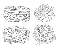 four different types of pasta in black and white