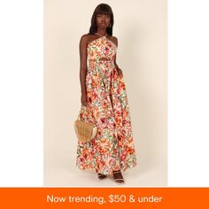 in stock Spring Long Lined Sundress, Chic Floral Halter Neck Dress For Spring, Chic Halter Neck Floral Dress For Spring, Chic Floral Summer Dress With Lining, Chic Summer Floral Dress Lined, Chic Lined Floral Summer Dress, Spring Maxi Dress For Dress Down Occasions, Chic Floral Dress Lined For Summer, Chic Floral Dress For Summer