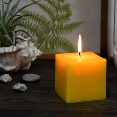 a yellow candle sitting on top of a table next to rocks and a potted plant