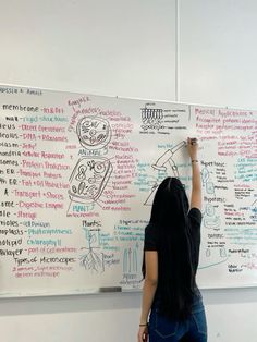 a woman writing on a white board in front of a wall covered with words and pictures