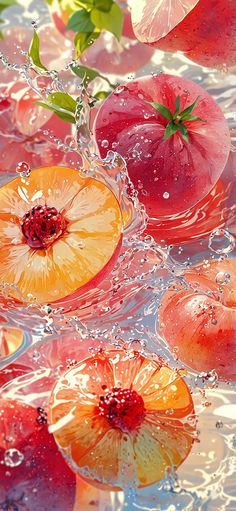 apples, oranges and lemons are floating in the water with bubbles on them