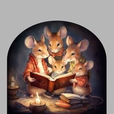 three mice are reading a book while sitting on a table with two candles in front of them