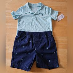 New With Tags Navy Cotton Sets For Spring, Casual Navy Sets For Spring, Navy Tops For Playwear In Summer, Navy Tops For Summer Playwear, Navy Cotton Playtime Sets, Cotton Navy Sets For Playtime, Casual Navy Playwear Sets, Navy Casual Playwear Sets, Short Shirt