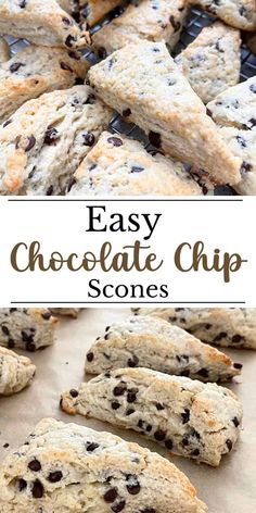 easy chocolate chip scones on a baking sheet with the title text overlay above it