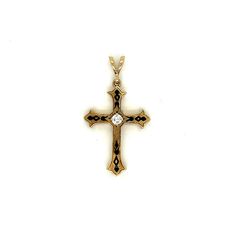 "Vintage 14k yellow gold Victorian Reproduction Cross Pendant with Diamond and Black Enamel. The round diamond weighs .10ct with a quality of G color and VS2 clarity. It is mounted on a 4 prong head. The cross measures a little of 1\" long (not including the flexible bail) and a little over .75\" wide, and 3.8mm thick. The weight of the cross is 4.57g." Victorian Gold Jewelry With Diamond Accents, Antique Yellow Gold Diamond Jewelry, Victorian White Jewelry With Single-cut Diamonds, Victorian White Jewelry With Single Cut Diamonds, Victorian Style White Jewelry With Single Cut Diamonds, Victorian White Diamond Jewelry, Victorian Style Round Cut Diamond Jewelry, Black 14k Gold Jewelry With Brilliant Cut, Antique White Jewelry With Brilliant Cut