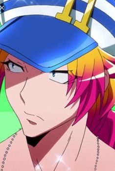 an anime character with pink hair wearing a baseball cap and necklaces on his neck