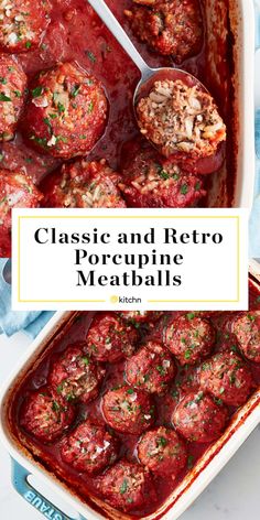 a casserole dish with meatballs in it and the title classic and retro porridge meatballs