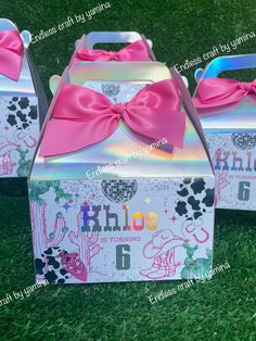 two boxes with pink bows on them sitting in the grass