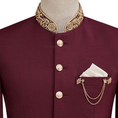 Description "Dreaming is another way of seeing the beautiful colors of life" This beautiful maroon prince coat with gold micro enamelling is perfect for any special occasion. Crafted from a luxurious blend of fabrics, this stylish coat features six golden brass buttons, double flapped pockets with welt pockets, and a rounded hem. The gold chain brooch and white pocket square add an extra layer of sophistication, making this coat perfect for any formal event. The coat's intricate details and intr Prince Coat With Shalwar Kameez, Chain Brooch, White Pocket Square, Prince Coat, Brass Buttons, Stylish Coat, Unique Color Combinations, Shalwar Kameez, Color Of Life