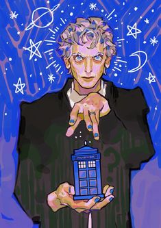 an image of doctor who is holding a tardish in his hand with stars around him