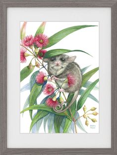 a painting of a mouse sitting on top of a plant with pink flowers and green leaves