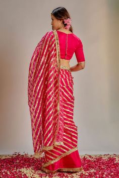 Pink saree with soft organza, striped pattern gota work pallu. Comes with piping work blouse. - Aza Fashions Fitted Pre-draped Saree With Gota Work, Fitted Art Silk Saree With Gota Work, Designer Fitted Saree With Gota Work, Fitted Silk Saree With Gota Work, Traditional Gota Work Georgette Blouse Piece, Gota Work Georgette Blouse Piece In Traditional Drape, Traditional Georgette Blouse Piece With Gota Work, Traditional Drape Blouse Piece With Gota Work, Fitted Pre-draped Saree With Gota Work In Dola Silk