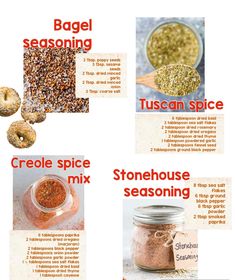 four different types of spices are shown in this image, including seasoning, tuscan spice and stonehouse mix