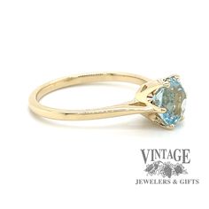 14 karat yellow gold aquamarine ring, front view. Aquamarine Solitaire Ring, Aquamarine Rings, Blue Tones, Solitaire Ring, Aquamarine, Yellow Gold Rings, Light Blue, Gold Rings, Yellow Gold