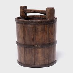 an old wooden barrel is shown on a white background