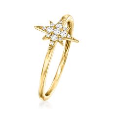 Ross-Simons - .10 ct. t. w. Diamond North Star Ring in 14kt Yellow Gold. Size 9. RS Pure. Modern designs that complete your outfit and complement your personality. Let our dainty design guide you towards great style! .10 ct. t. w. round diamonds decorate this chic North Star ring. Wear it solo or as the stand-out style in your everyday stacks. Crafted in polished 14kt yellow gold. 3/8" wide. Diamond North Star ring. Diamond birthstones are the perfect gift for April birthdays. North Star Ring, April Birthday, Diamond Birthstone, Yellow Gold Jewelry, Jewelry Essentials, Bare Necessities, Design Guide, Star Ring, Ring Diamond