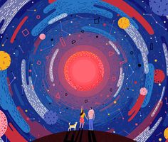 two people standing in the middle of a space filled with stars and planets