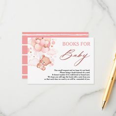 a baby shower book request card with a teddy bear on it and balloons in the background