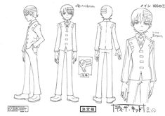 an anime character is shown in three different poses, including the man's suit and tie