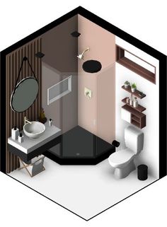 an aerial view of a bathroom with toilet, sink and mirror