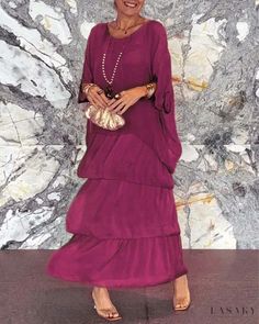 Lasaky - Elegant and Stylish Chiffon Batwing Sleeve Round Neck Maxi Dress Chiffon Long Dress, Tiered Midi Skirt, Chiffon Fashion, Elegante Casual, Half Sleeve Dresses, Mid Length Skirts, Loose Outfit, Loose Dress, Aaliyah