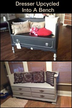 the before and after photos of an upcycled bench