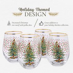 three wine glasses with christmas tree designs on them and the words holiday - themed design