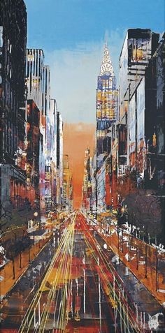 an oil painting of a city street filled with traffic and tall buildings at night time