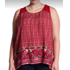 Stony Crotchet Yoke Print Tank.All Over Print. Crew Neck. Sleeveless. Slight Hi-Lo. Back Keyhole With Button And Loop Closure. Sleeveless Tops With Crochet Trim For Layering, Red Sleeveless Crochet Top, Crochet Yoke, Tank Top Cami, Print Tank, Printed Tank Tops, Plus Size Tops, Tank Top Fashion, Nordstrom Rack