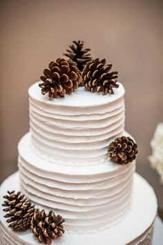 a white wedding cake with pine cones on top is featured in the instagram post