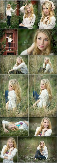 a woman is posing in the grass with her hands on her head and looking at the camera