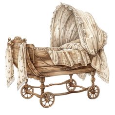 an old fashioned baby's carriage with curtains on it