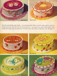 an advertisement for a cake with different designs on it