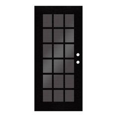 a black door with two white dots on the front and side glass doors, all in different shapes and sizes