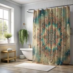 a bath room with a tub and a shower curtain