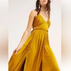 Free People Need Silky Marigold Yellow Maxi Dress. Such A Beautiful Piece, Ordered It For A Wedding But Never Worn Its Longer Than The Model Images - True Maxi For Me (I Am 5'6" And Its Floor Length) #Freepeople #Marigold #Silky #Backless #Strappy #Maxidress #Sundress Chic Gold Maxi Dress For Date Night, Gold V-neck Midi Dress For Spring, Sleeveless Gold Maxi Dress For Beach, Sleeveless Gold Beach Dresses, Gold Sleeveless Beach Dress, Sleeveless Gold Dress For The Beach, Chic Gold Maxi Dress For Summer, Gold Dress For Date Night In Summer, Gold Bohemian V-neck Dress