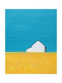 a painting of a white house in a yellow field with blue sky and clouds behind it