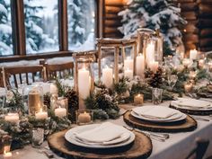 a table set with candles, plates and napkins for dinner in the winter time